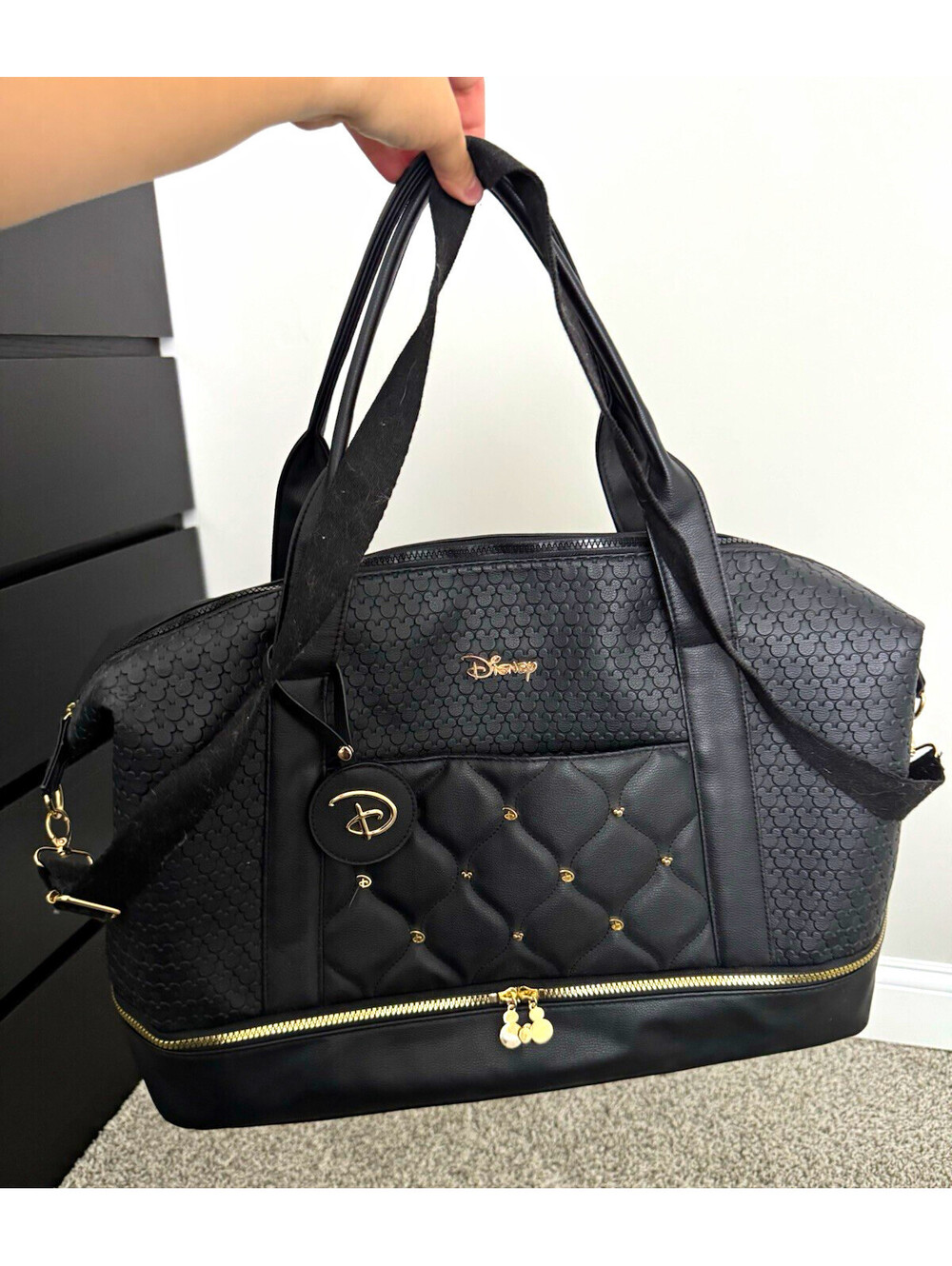 Primark Disney Mickey Mouse Large Black & Gold Embossed Quilted Duffle Bag